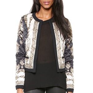 MARCHESA Voyage Notte Silk Scarf Quilted Bomber Jacket Blazer